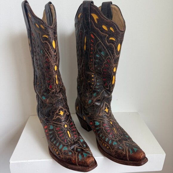 Corral Vintage Butterfly Inlay Cowgirl Boots - Distressed Brown - 7.5M - Picture 1 of 7